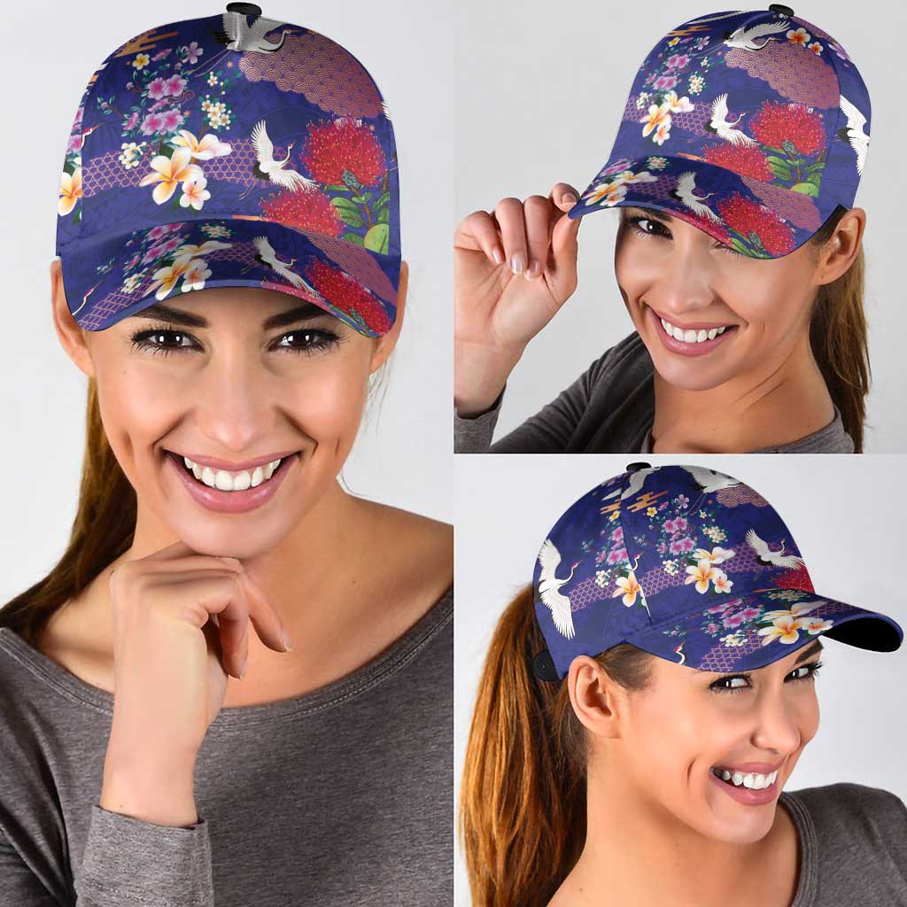 Hawaiian and Japanese Culture Together Classic Cap Blue Ohia Lehua Plumeria and Sakura Blooming LT03 - Polynesian Pride