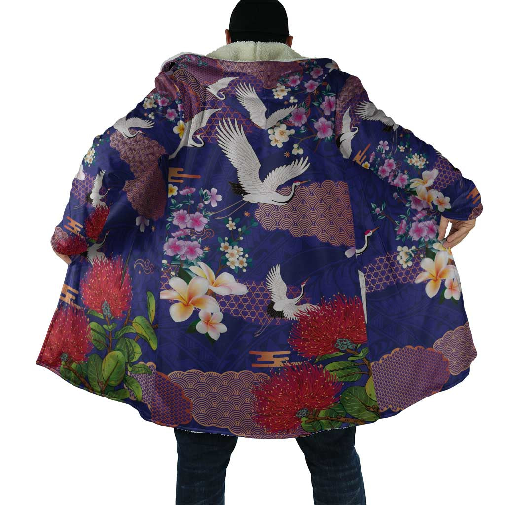 Hawaiian and Japanese Culture Together Cloak Blue Ohia Lehua Plumeria and Sakura Blooming LT03 - Polynesian Pride