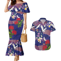 Hawaiian and Japanese Culture Together Couples Matching Mermaid Dress and Hawaiian Shirt Blue Ohia Lehua Plumeria and Sakura Blooming LT03 Blue - Polynesian Pride