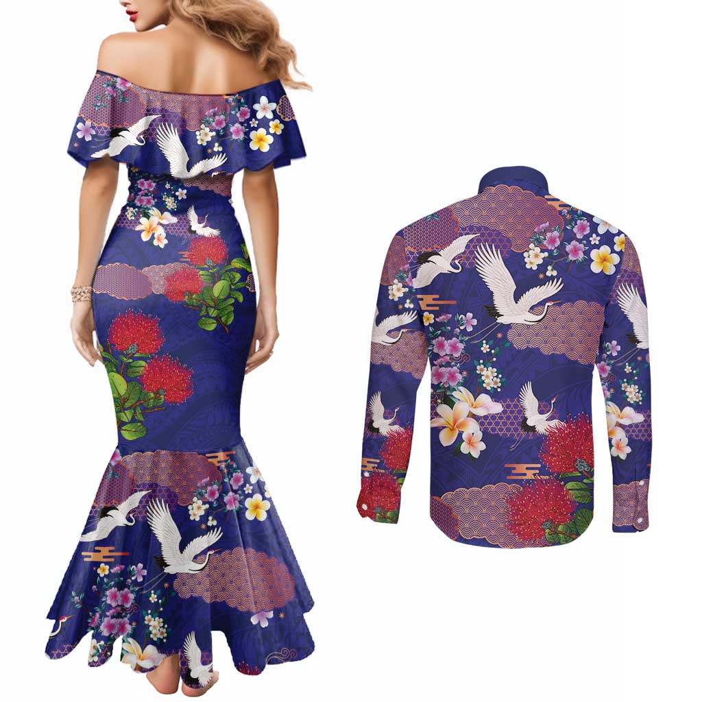 Hawaiian and Japanese Culture Together Couples Matching Mermaid Dress and Long Sleeve Button Shirt Blue Ohia Lehua Plumeria and Sakura Blooming LT03 - Polynesian Pride