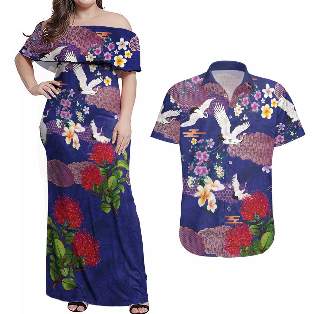 Hawaiian and Japanese Culture Together Couples Matching Off Shoulder Maxi Dress and Hawaiian Shirt Blue Ohia Lehua Plumeria and Sakura Blooming LT03 Blue - Polynesian Pride