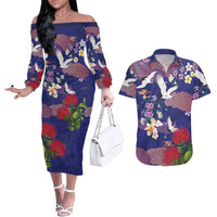 Hawaiian and Japanese Culture Together Couples Matching Off The Shoulder Long Sleeve Dress and Hawaiian Shirt Blue Ohia Lehua Plumeria and Sakura Blooming LT03 Blue - Polynesian Pride