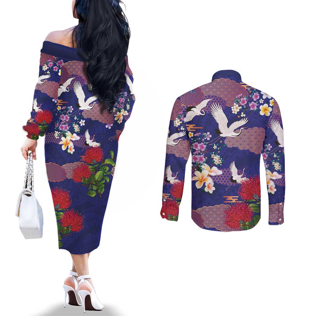 Hawaiian and Japanese Culture Together Couples Matching Off The Shoulder Long Sleeve Dress and Long Sleeve Button Shirt Blue Ohia Lehua Plumeria and Sakura Blooming LT03 - Polynesian Pride