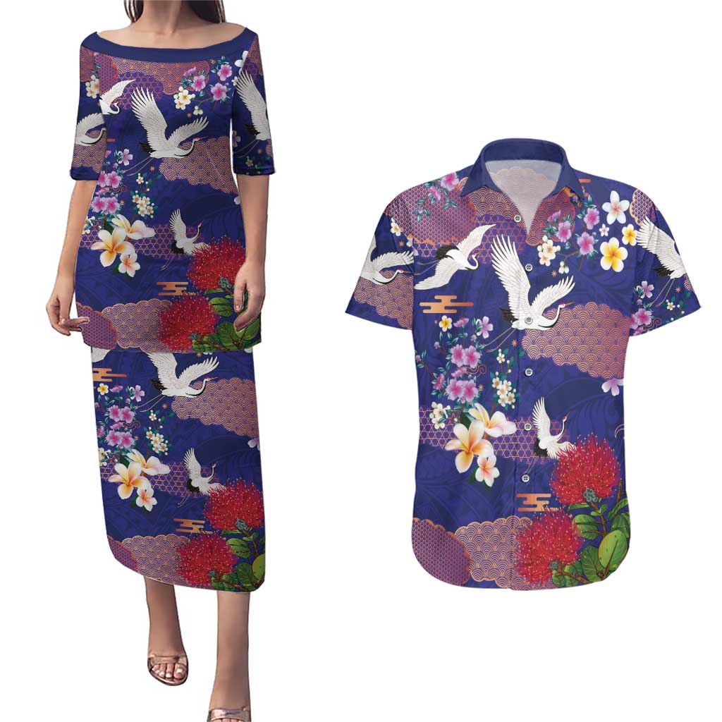 Hawaiian and Japanese Culture Together Couples Matching Puletasi and Hawaiian Shirt Blue Ohia Lehua Plumeria and Sakura Blooming LT03 Blue - Polynesian Pride