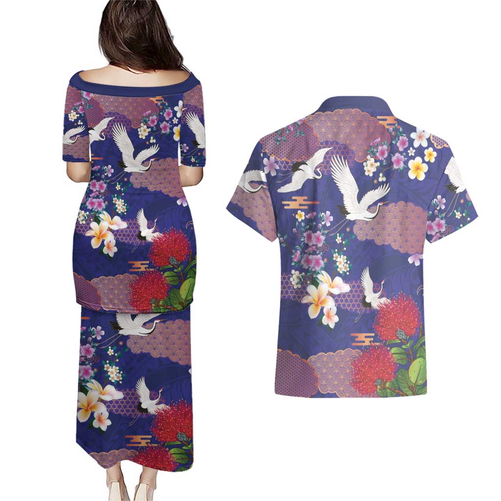 Hawaiian and Japanese Culture Together Couples Matching Puletasi and Hawaiian Shirt Blue Ohia Lehua Plumeria and Sakura Blooming LT03 - Polynesian Pride