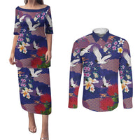 Hawaiian and Japanese Culture Together Couples Matching Puletasi and Long Sleeve Button Shirt Blue Ohia Lehua Plumeria and Sakura Blooming LT03 Blue - Polynesian Pride