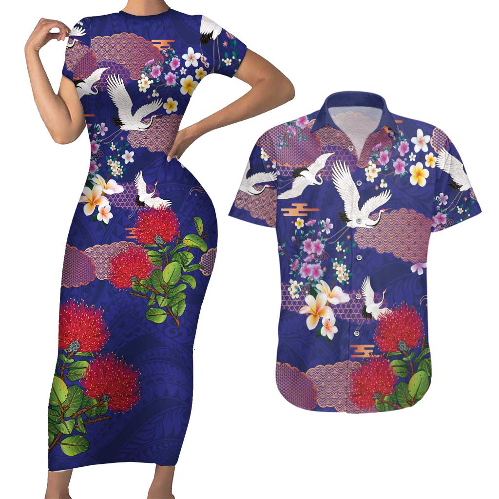 Hawaiian and Japanese Culture Together Couples Matching Short Sleeve Bodycon Dress and Hawaiian Shirt Blue Ohia Lehua Plumeria and Sakura Blooming - Polynesian Pride