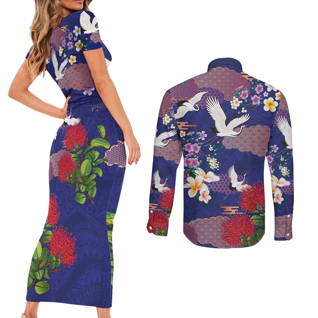 Hawaiian and Japanese Culture Together Couples Matching Short Sleeve Bodycon Dress and Long Sleeve Button Shirt Blue Ohia Lehua Plumeria and Sakura Blooming LT03 - Polynesian Pride