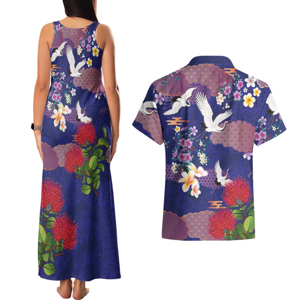 Hawaiian and Japanese Culture Together Couples Matching Tank Maxi Dress and Hawaiian Shirt Blue Ohia Lehua Plumeria and Sakura Blooming LT03 - Polynesian Pride