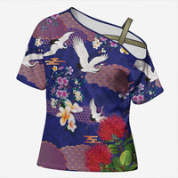 Hawaiian and Japanese Culture Together Cross Shoulder Shirt Blue Ohia Lehua Plumeria and Sakura Blooming LT03 Female Blue - Polynesian Pride