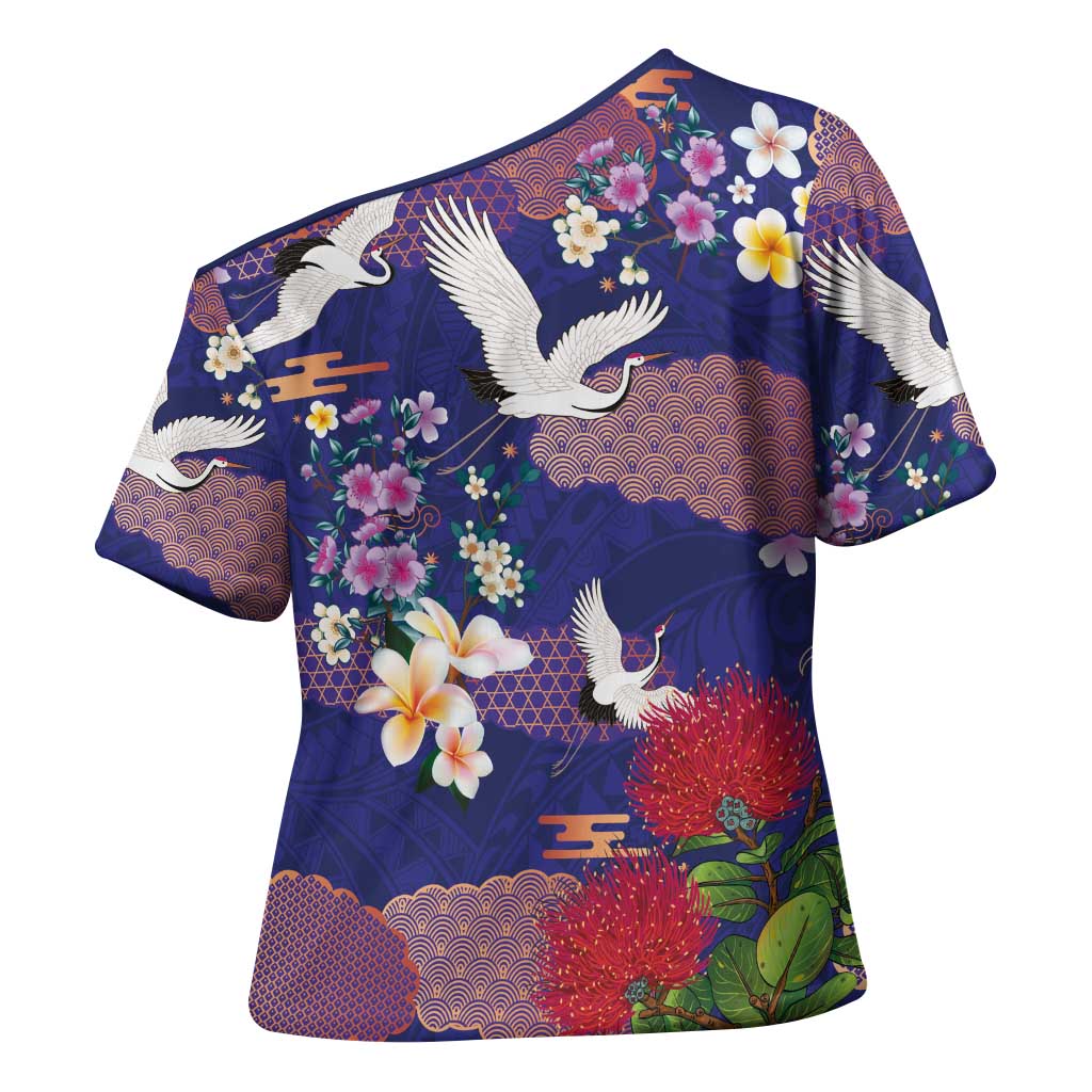 Hawaiian and Japanese Culture Together Cross Shoulder Shirt Blue Ohia Lehua Plumeria and Sakura Blooming LT03 - Polynesian Pride
