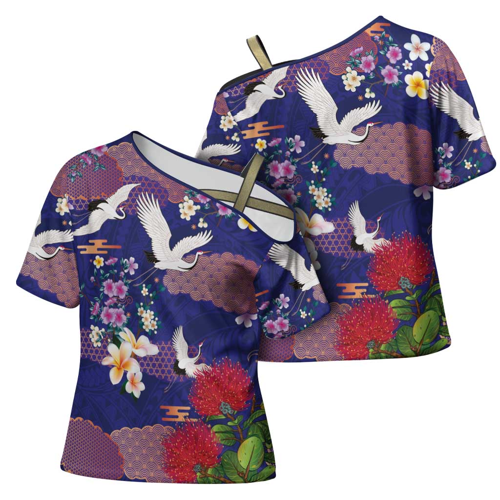 Hawaiian and Japanese Culture Together Cross Shoulder Shirt Blue Ohia Lehua Plumeria and Sakura Blooming LT03 - Polynesian Pride