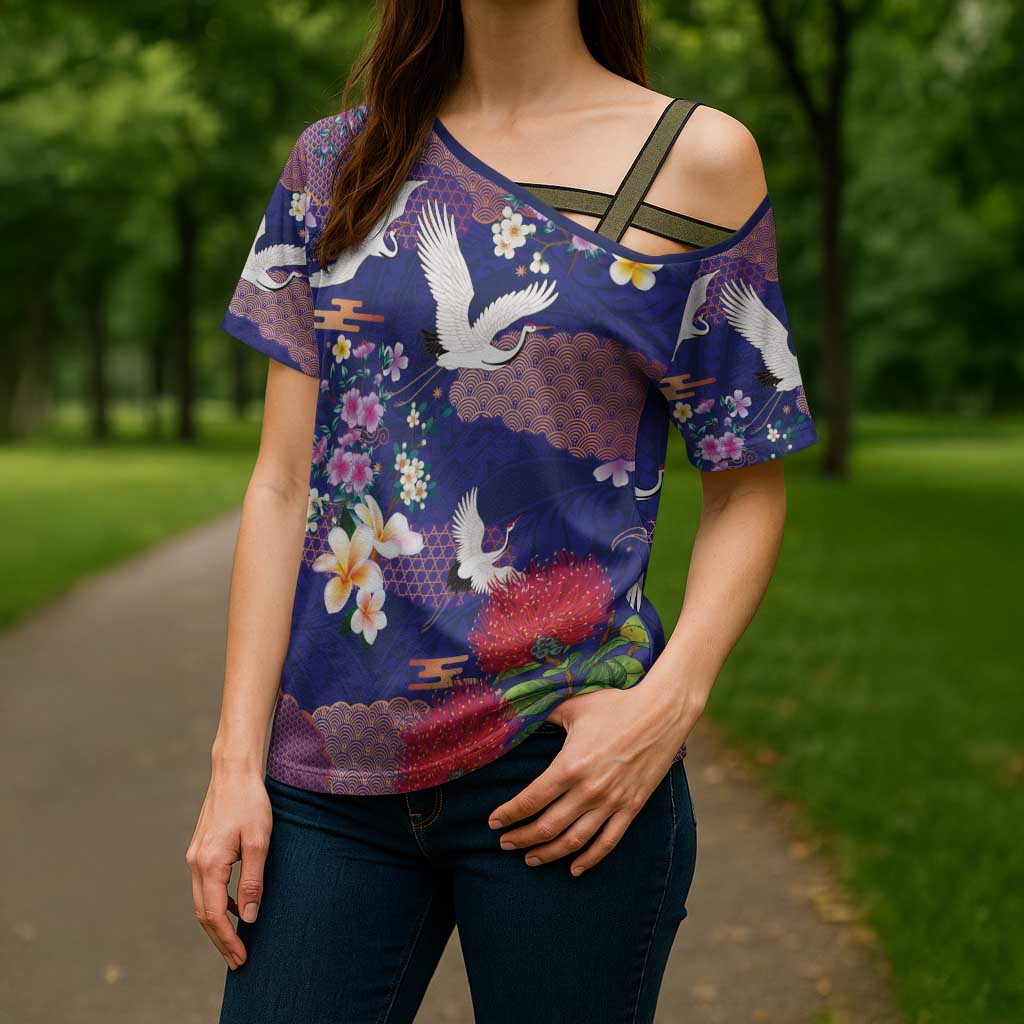 Hawaiian and Japanese Culture Together Cross Shoulder Shirt Blue Ohia Lehua Plumeria and Sakura Blooming LT03 - Polynesian Pride