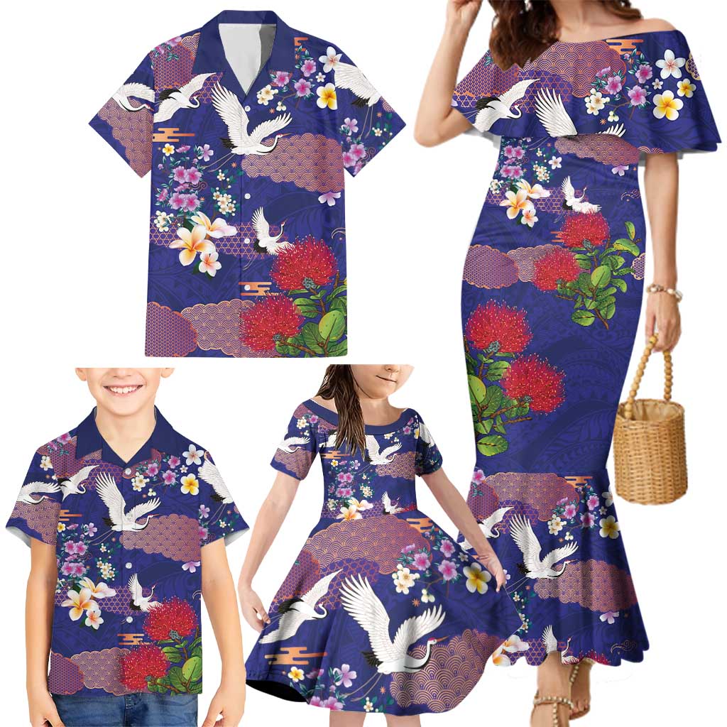 Hawaiian and Japanese Culture Together Family Matching Mermaid Dress and Hawaiian Shirt Blue Ohia Lehua Plumeria and Sakura Blooming - Polynesian Pride