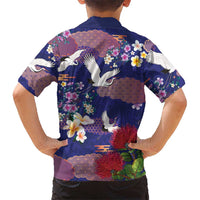 Hawaiian and Japanese Culture Together Family Matching Off The Shoulder Long Sleeve Dress and Hawaiian Shirt Blue Ohia Lehua Plumeria and Sakura Blooming LT03 - Polynesian Pride