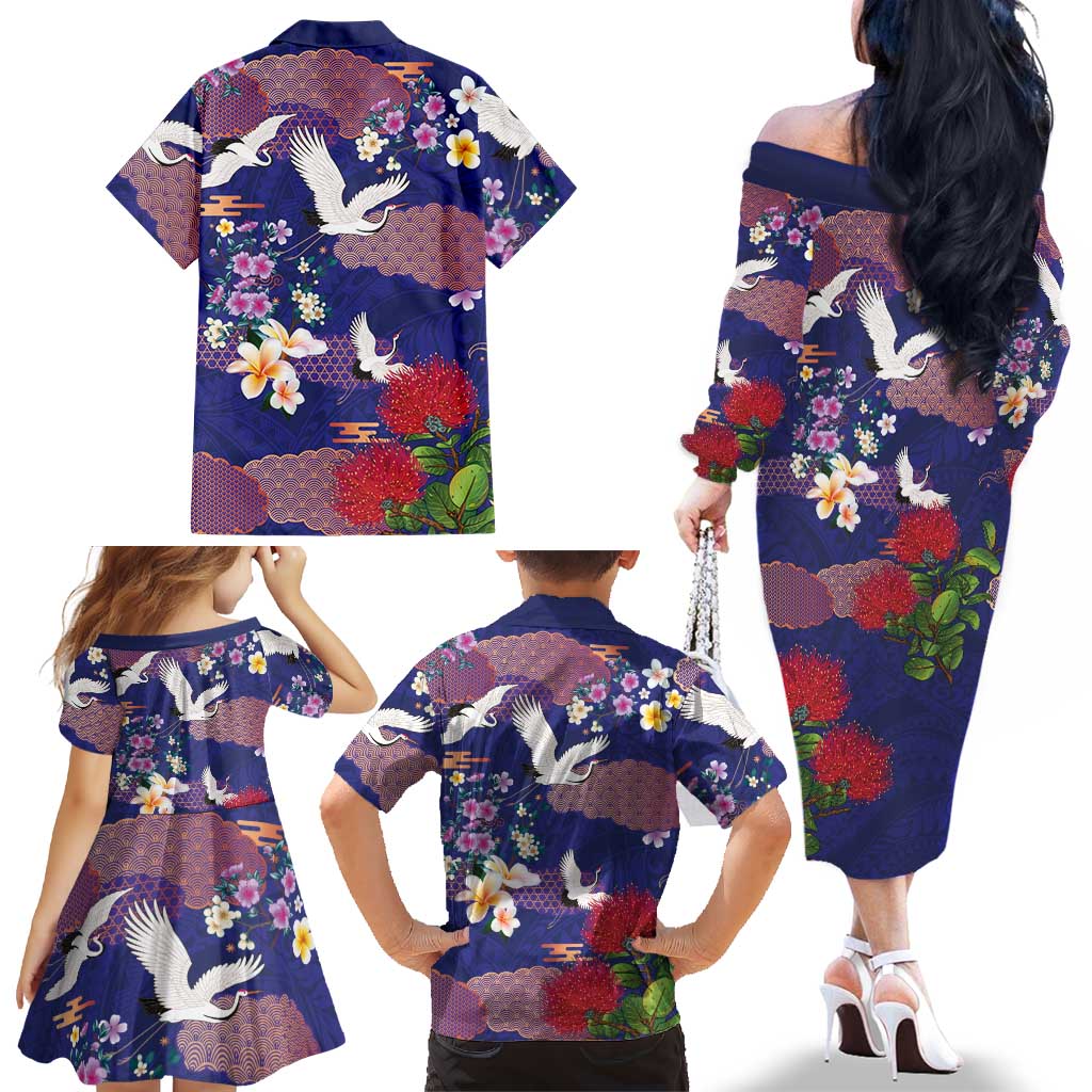 Hawaiian and Japanese Culture Together Family Matching Off The Shoulder Long Sleeve Dress and Hawaiian Shirt Blue Ohia Lehua Plumeria and Sakura Blooming LT03 - Polynesian Pride