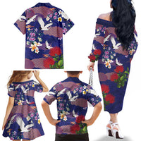 Hawaiian and Japanese Culture Together Family Matching Off The Shoulder Long Sleeve Dress and Hawaiian Shirt Blue Ohia Lehua Plumeria and Sakura Blooming LT03 - Polynesian Pride