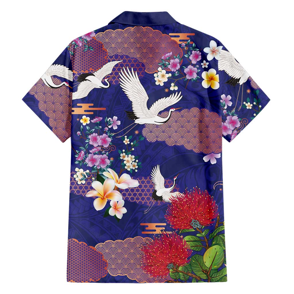 Hawaiian and Japanese Culture Together Family Matching Off The Shoulder Long Sleeve Dress and Hawaiian Shirt Blue Ohia Lehua Plumeria and Sakura Blooming LT03 - Polynesian Pride
