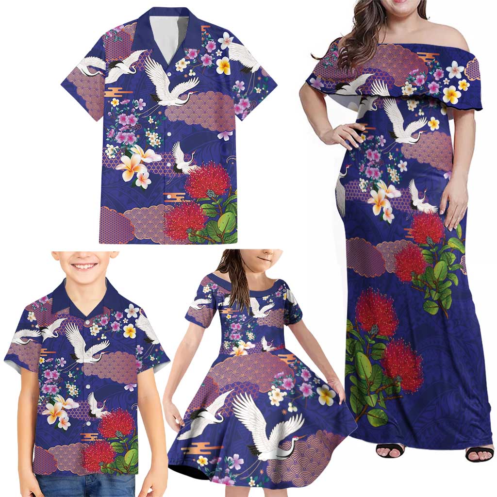 Hawaiian and Japanese Culture Together Family Matching Off Shoulder Maxi Dress and Hawaiian Shirt Blue Ohia Lehua Plumeria and Sakura Blooming LT03 - Polynesian Pride