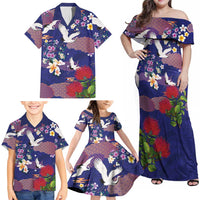Hawaiian and Japanese Culture Together Family Matching Off Shoulder Maxi Dress and Hawaiian Shirt Blue Ohia Lehua Plumeria and Sakura Blooming LT03 - Polynesian Pride