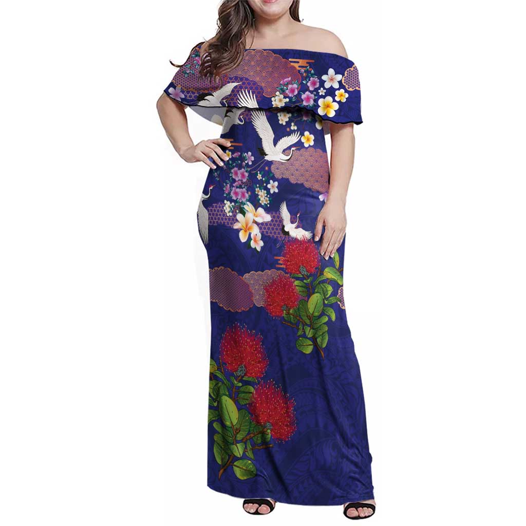 Hawaiian and Japanese Culture Together Family Matching Off Shoulder Maxi Dress and Hawaiian Shirt Blue Ohia Lehua Plumeria and Sakura Blooming LT03 Mom's Dress Blue - Polynesian Pride