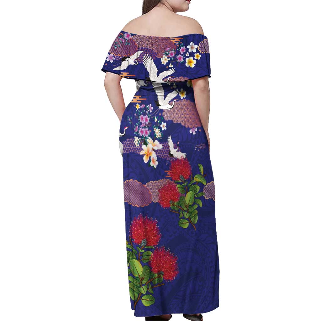 Hawaiian and Japanese Culture Together Family Matching Off Shoulder Maxi Dress and Hawaiian Shirt Blue Ohia Lehua Plumeria and Sakura Blooming LT03 - Polynesian Pride