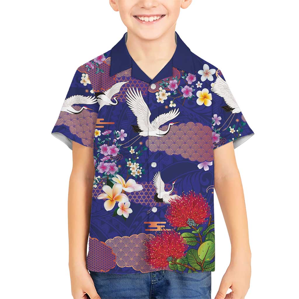Hawaiian and Japanese Culture Together Family Matching Off Shoulder Maxi Dress and Hawaiian Shirt Blue Ohia Lehua Plumeria and Sakura Blooming LT03 Son's Shirt Blue - Polynesian Pride
