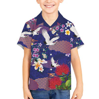 Hawaiian and Japanese Culture Together Family Matching Off Shoulder Maxi Dress and Hawaiian Shirt Blue Ohia Lehua Plumeria and Sakura Blooming LT03 Son's Shirt Blue - Polynesian Pride