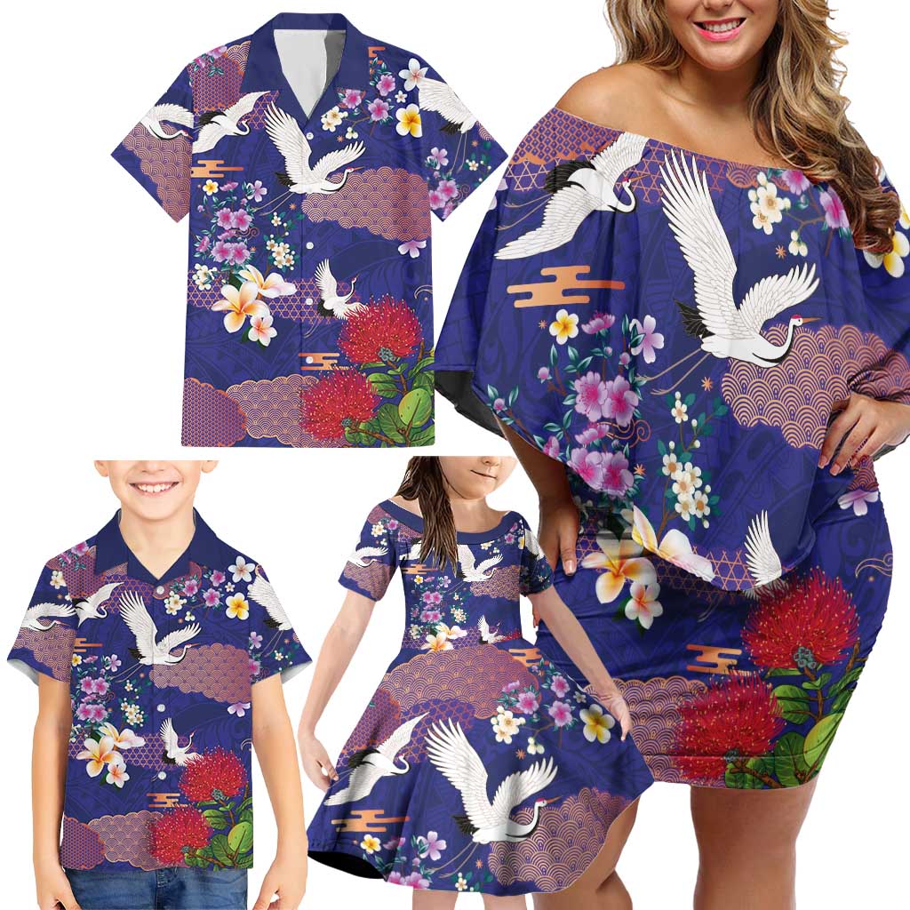 Hawaiian and Japanese Culture Together Family Matching Off Shoulder Short Dress and Hawaiian Shirt Blue Ohia Lehua Plumeria and Sakura Blooming LT03 - Polynesian Pride