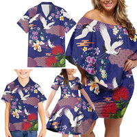 Hawaiian and Japanese Culture Together Family Matching Off Shoulder Short Dress and Hawaiian Shirt Blue Ohia Lehua Plumeria and Sakura Blooming LT03 - Polynesian Pride