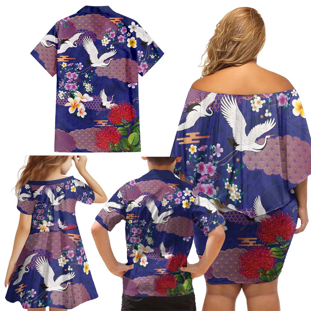 Hawaiian and Japanese Culture Together Family Matching Off Shoulder Short Dress and Hawaiian Shirt Blue Ohia Lehua Plumeria and Sakura Blooming LT03 - Polynesian Pride