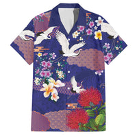 Hawaiian and Japanese Culture Together Family Matching Off Shoulder Short Dress and Hawaiian Shirt Blue Ohia Lehua Plumeria and Sakura Blooming LT03 Dad's Shirt - Short Sleeve Blue - Polynesian Pride