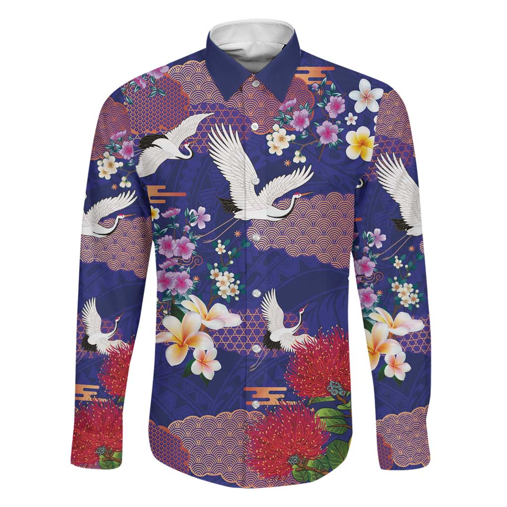 Hawaiian and Japanese Culture Together Family Matching Off Shoulder Short Dress and Hawaiian Shirt Blue Ohia Lehua Plumeria and Sakura Blooming LT03 Dad's Shirt - Long Sleeve Blue - Polynesian Pride
