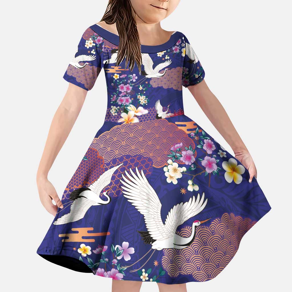 Hawaiian and Japanese Culture Together Family Matching Puletasi and Hawaiian Shirt Blue Ohia Lehua Plumeria and Sakura Blooming LT03 Daughter's Dress Blue - Polynesian Pride