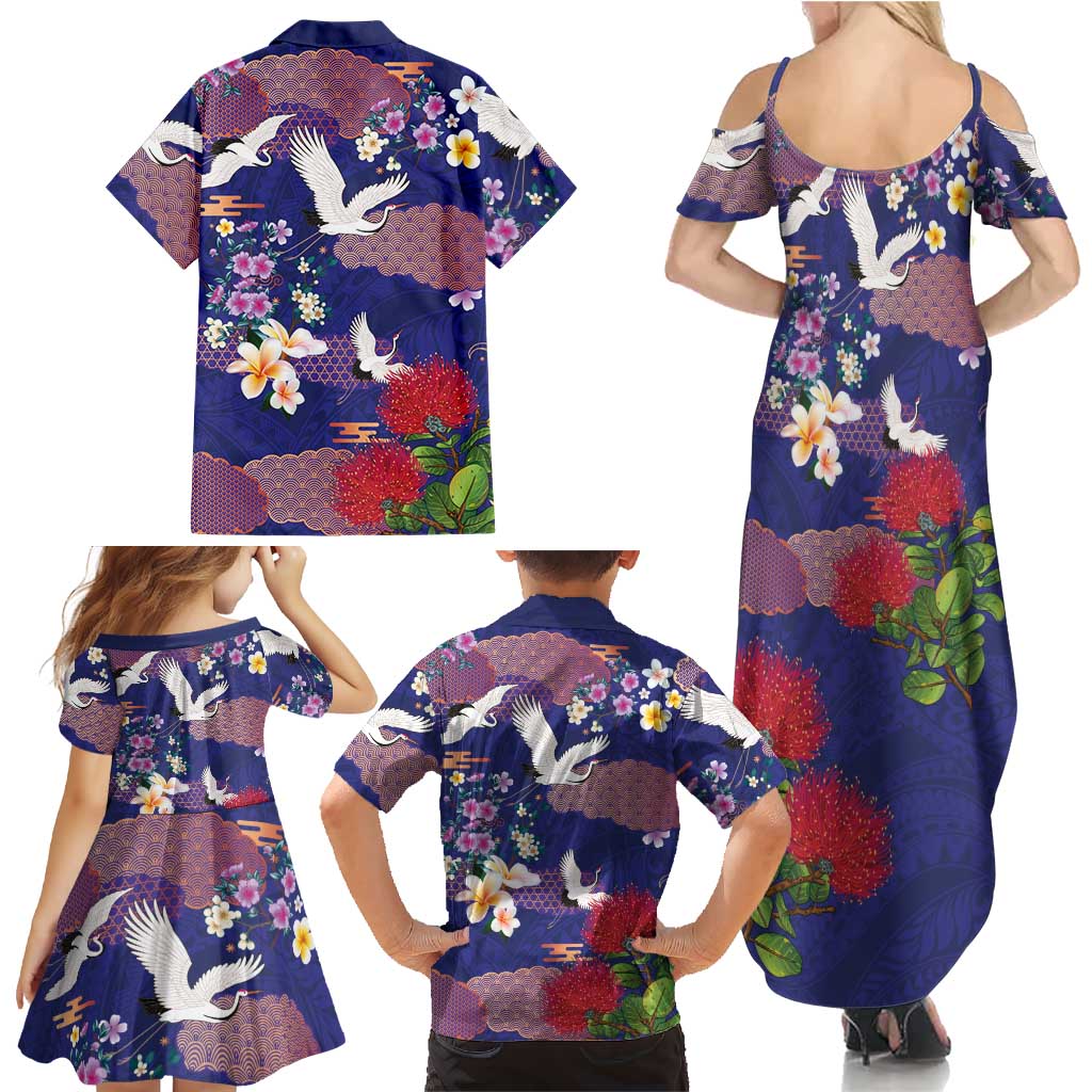 Hawaiian and Japanese Culture Together Family Matching Summer Maxi Dress and Hawaiian Shirt Blue Ohia Lehua Plumeria and Sakura Blooming LT03 - Polynesian Pride