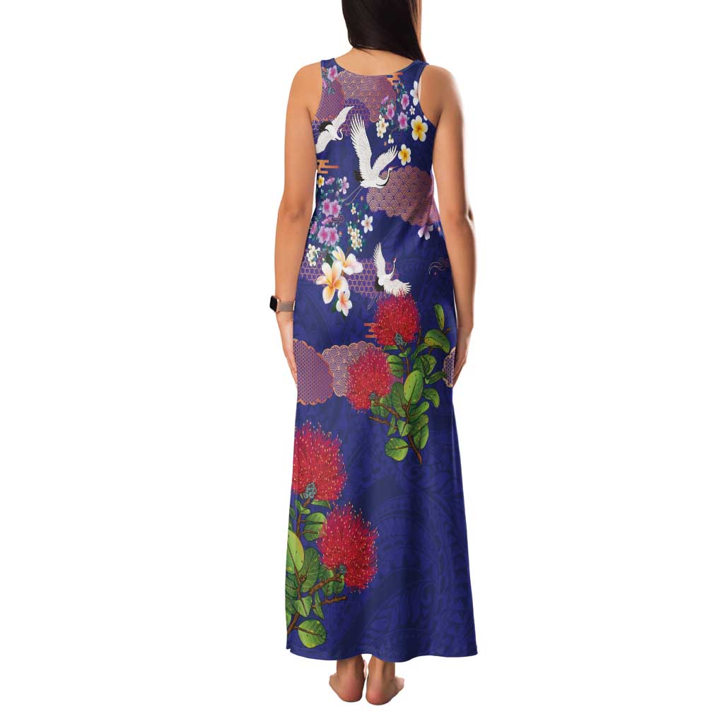 Hawaiian and Japanese Culture Together Family Matching Tank Maxi Dress and Hawaiian Shirt Blue Ohia Lehua Plumeria and Sakura Blooming LT03 - Polynesian Pride