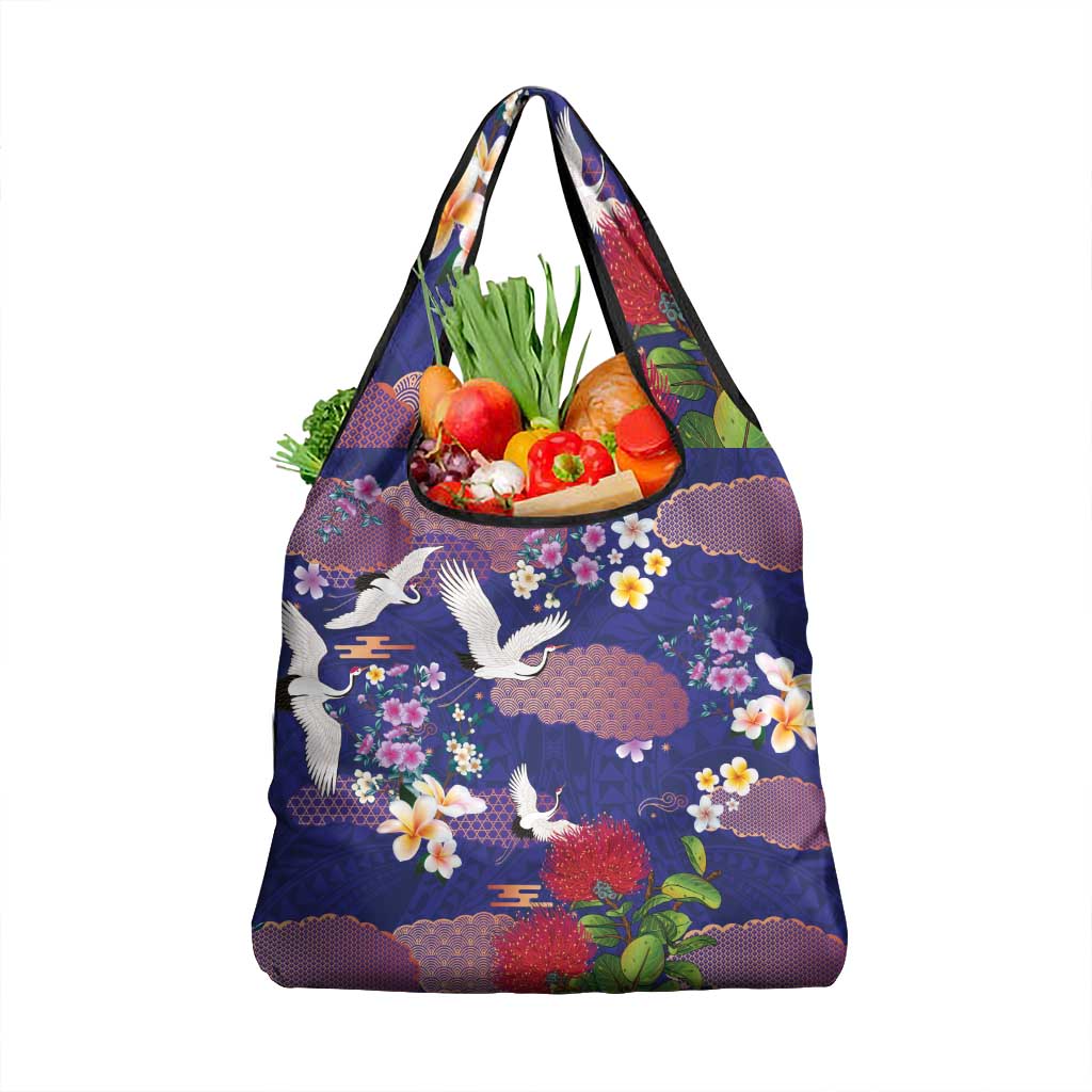Hawaiian and Japanese Culture Together Grocery Bag Blue Ohia Lehua Plumeria and Sakura Blooming LT03 1-pack One Size Blue - Polynesian Pride