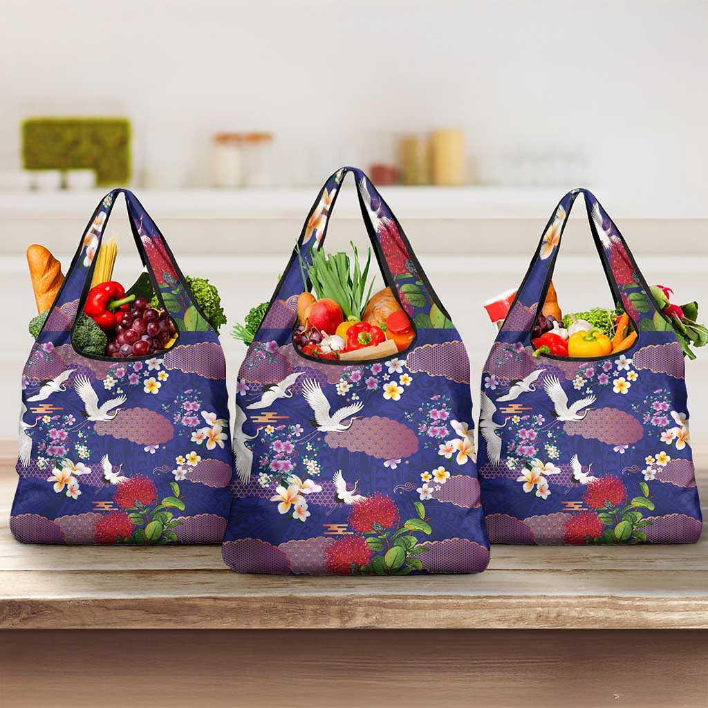 Hawaiian and Japanese Culture Together Grocery Bag Blue Ohia Lehua Plumeria and Sakura Blooming LT03 3-pack One Size Blue - Polynesian Pride