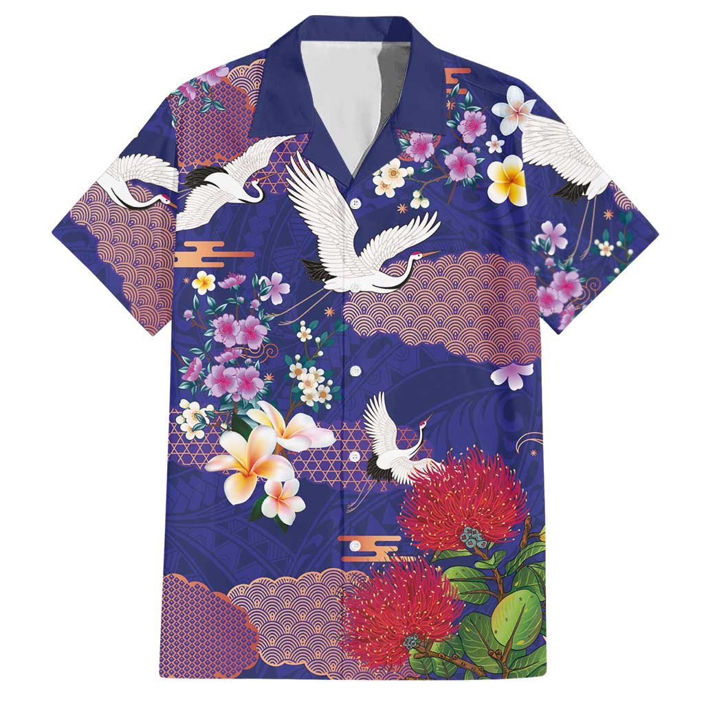 Hawaiian and Japanese Culture Together Hawaiian Shirt Blue Ohia Lehua Plumeria and Sakura Blooming LT03 Blue - Polynesian Pride