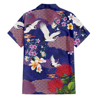 Hawaiian and Japanese Culture Together Hawaiian Shirt Blue Ohia Lehua Plumeria and Sakura Blooming LT03 - Polynesian Pride