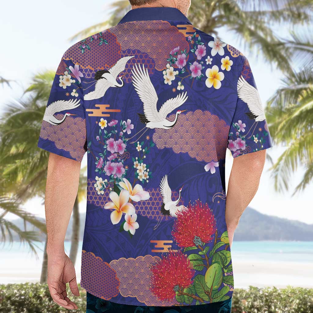 Hawaiian and Japanese Culture Together Hawaiian Shirt Blue Ohia Lehua Plumeria and Sakura Blooming LT03 - Polynesian Pride