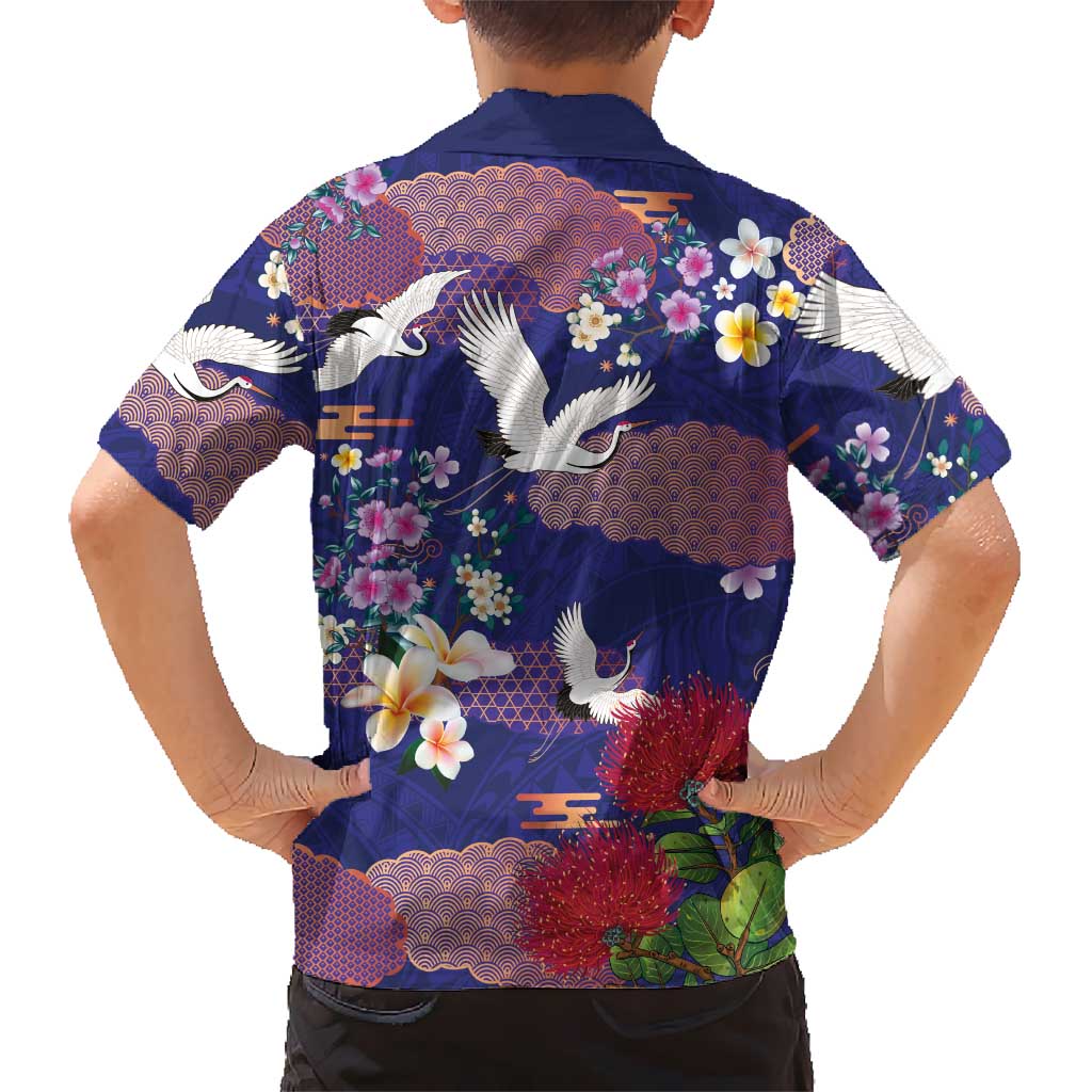 Hawaiian and Japanese Culture Together Hawaiian Shirt Blue Ohia Lehua Plumeria and Sakura Blooming LT03 - Polynesian Pride