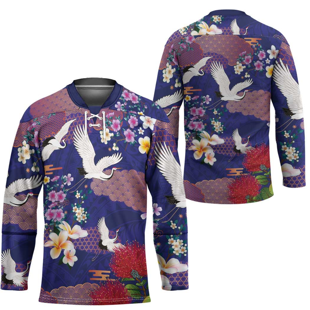 Hawaiian and Japanese Culture Together Hockey Jersey Blue Ohia Lehua Plumeria and Sakura Blooming LT03 - Polynesian Pride