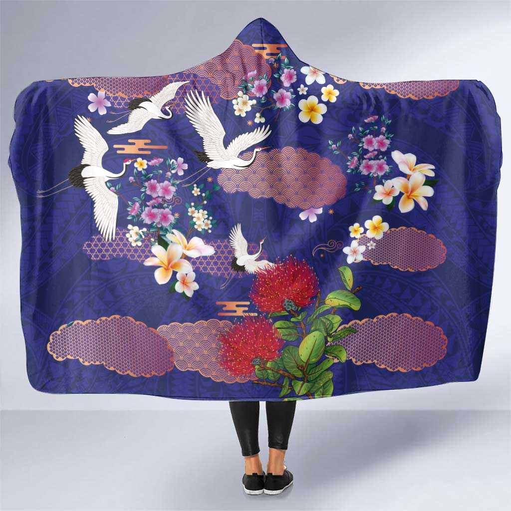 Hawaiian and Japanese Culture Together Hooded Blanket Blue Ohia Lehua Plumeria and Sakura Blooming LT03 One Size Blue - Polynesian Pride