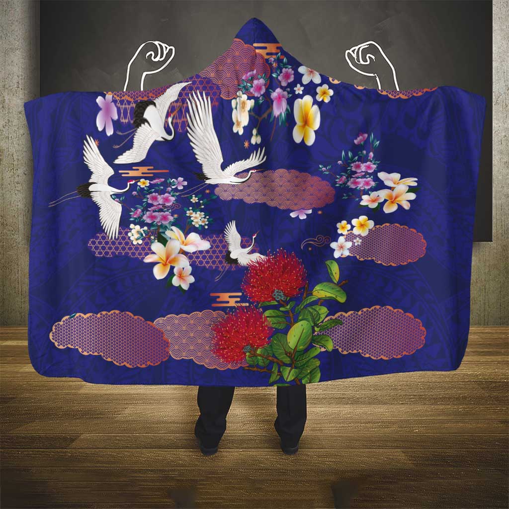 Hawaiian and Japanese Culture Together Hooded Blanket Blue Ohia Lehua Plumeria and Sakura Blooming LT03 - Polynesian Pride