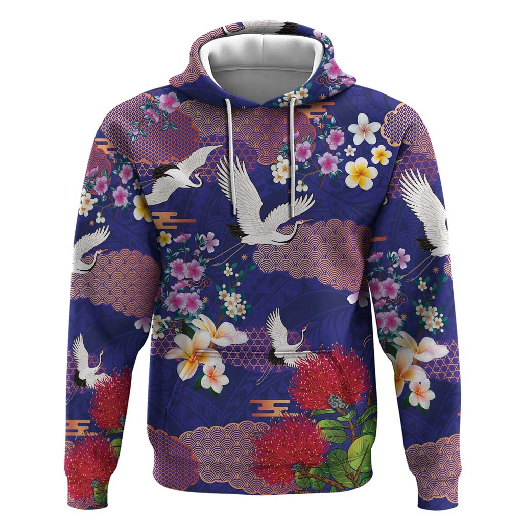 Hawaiian and Japanese Culture Together Hoodie Blue Ohia Lehua Plumeria and Sakura Blooming LT03 Pullover Hoodie Blue - Polynesian Pride