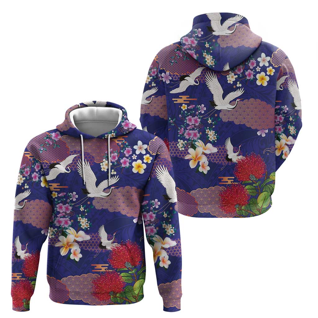 Hawaiian and Japanese Culture Together Hoodie Blue Ohia Lehua Plumeria and Sakura Blooming LT03 - Polynesian Pride