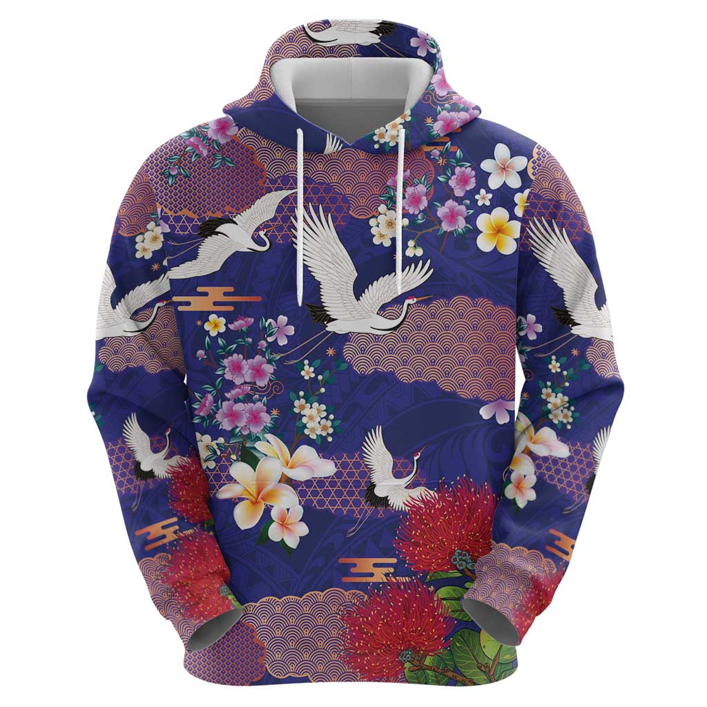 Hawaiian and Japanese Culture Together Hoodie Blue Ohia Lehua Plumeria and Sakura Blooming LT03 - Polynesian Pride