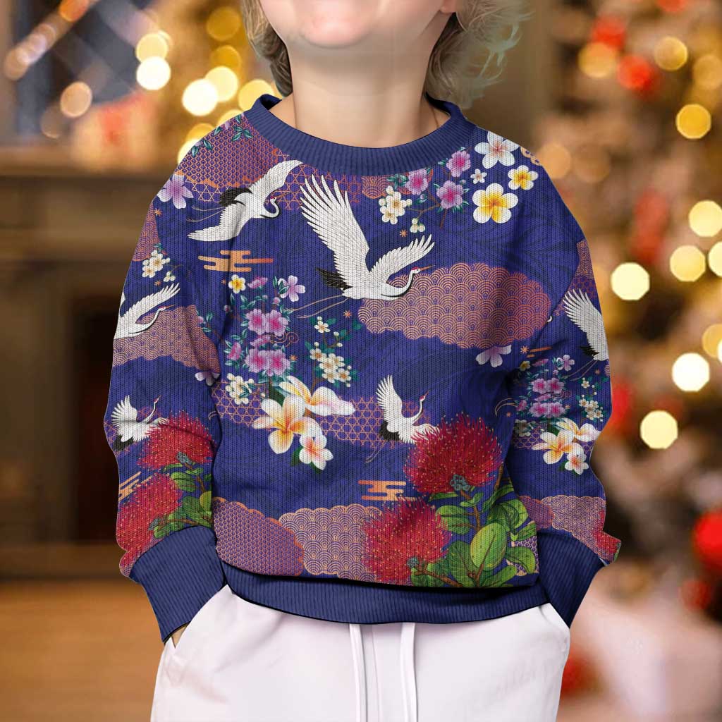 Hawaiian and Japanese Culture Together Kid Ugly Christmas Sweater Blue Ohia Lehua Plumeria and Sakura Blooming LT03 - Polynesian Pride