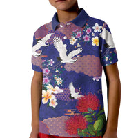 Hawaiian and Japanese Culture Together Kid Polo Shirt Blue Ohia Lehua Plumeria and Sakura Blooming LT03 Kid Blue - Polynesian Pride